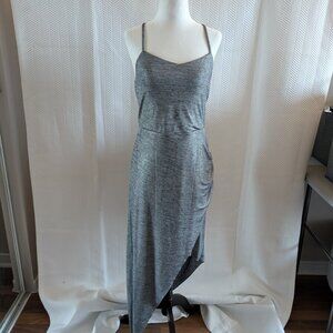 BCBGeneration Liquid Silver Metallic Asymmetrical Ruched Midi Dress Size Medium